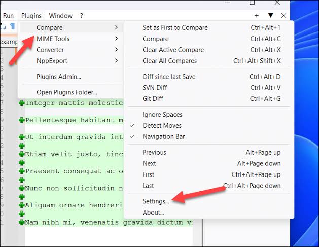 Notepad++ Plugins menu with the Compare submenu open, showing Compare and Settings options